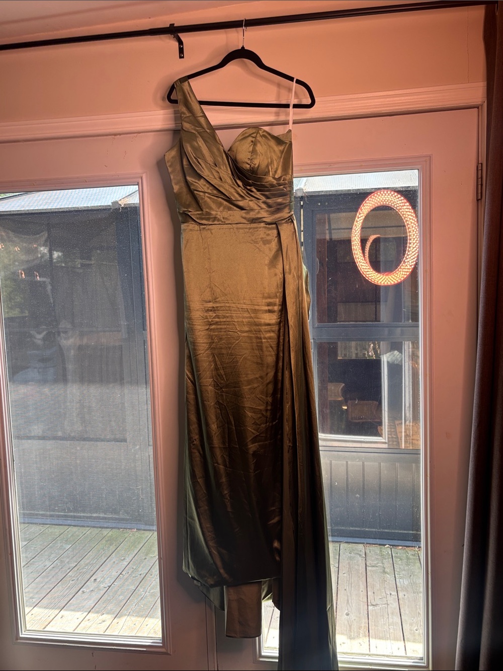 One-Shoulder Olive Green Satin Evening Dress